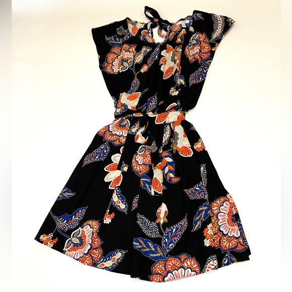 Lauren Conrad Summer Floral Black Dress Belted Bow Tie Up Size Small - Picture 3 of 13